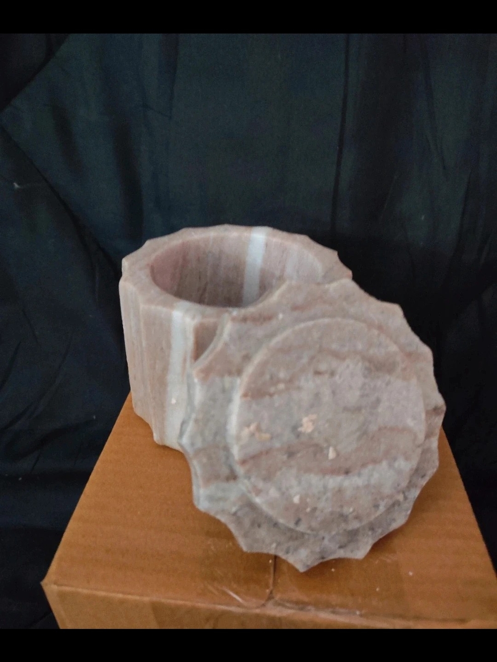 Threshold Pink and Cream Carved Marble Jar with Sculpted Lid